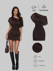 Sweetra Summer Fashion Design New Dark Brown Cowl Neck Asymmetrical Shoulder Or Off Shoulder Mesh Ruched Slimming 2 In 1 Women's Dress Party Night Out Sexy - Brown - View 1