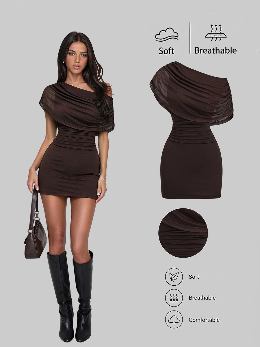Sweetra Summer Fashion Design New Dark Brown Cowl Neck Asymmetrical Shoulder Or Off Shoulder Mesh Ruched Slimming 2 In 1 Women's Dress Party Night Out Sexy - Brown - View 1