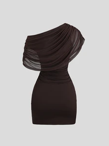 Sweetra Summer Fashion Design New Dark Brown Cowl Neck Asymmetrical Shoulder Or Off Shoulder Mesh Ruched Slimming 2 In 1 Women's Dress Party Night Out Sexy - Brown - View 2
