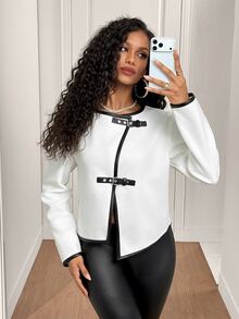 BamGleam Women's PU Contrast Trim Decorative Button Napoleon Style Wool Office Going Out Night Out Black And White Fall Elegant - White - View 5