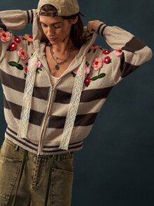 Bohemela Vintage Colorblock Embroidered Knit Band Hat Sweater Cardigan - Apricot - View 7