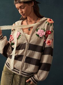Bohemela Vintage Colorblock Embroidered Knit Band Hat Sweater Cardigan - Apricot - View 5