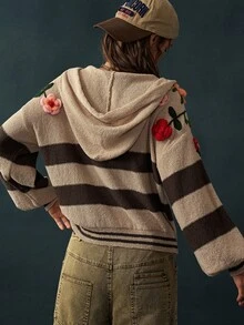 Bohemela Vintage Colorblock Embroidered Knit Band Hat Sweater Cardigan - Apricot - View 8