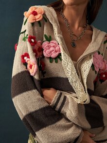 Bohemela Vintage Colorblock Embroidered Knit Band Hat Sweater Cardigan - Apricot - View 2
