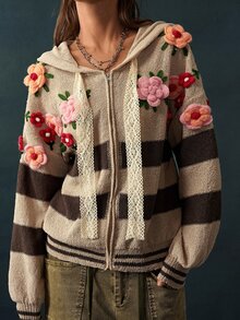 Bohemela Vintage Colorblock Embroidered Knit Band Hat Sweater Cardigan - Apricot - View 6