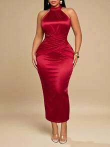 KIORVELLA Plus Size Women Solid Color Pleated Elegant Waist-Cinching Halter Neck Party Dress - Red - View 6