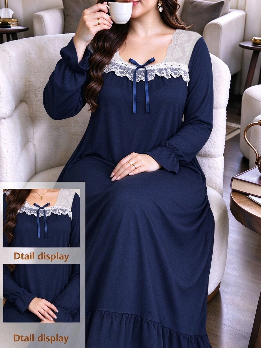 Lacomfia Plus Size Women's Loose Casual A-Line Square Neck Long Sleeve Colorblock Patchwork Knit Dress, Autumn - Navy Blue - View 1