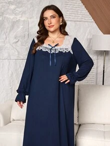 Lacomfia Plus Size Women's Loose Casual A-Line Square Neck Long Sleeve Colorblock Patchwork Knit Dress, Autumn - Navy Blue - View 7