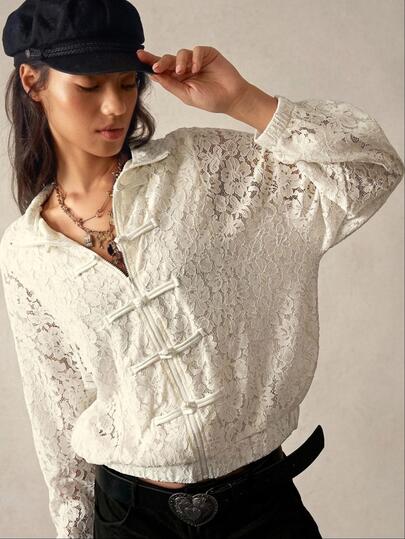 Bohemela Women's Autumn Everyday Casual 80s Retro Elegant Jacket With Lace Paneling, Stand Collar, Drop Shoulders, Loose Fit, White, Halloween Party Date