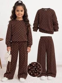 SHEIN 少女秋/冬季簡約波點印花長袖長褲套裝 - 彩色 - 查看 2
