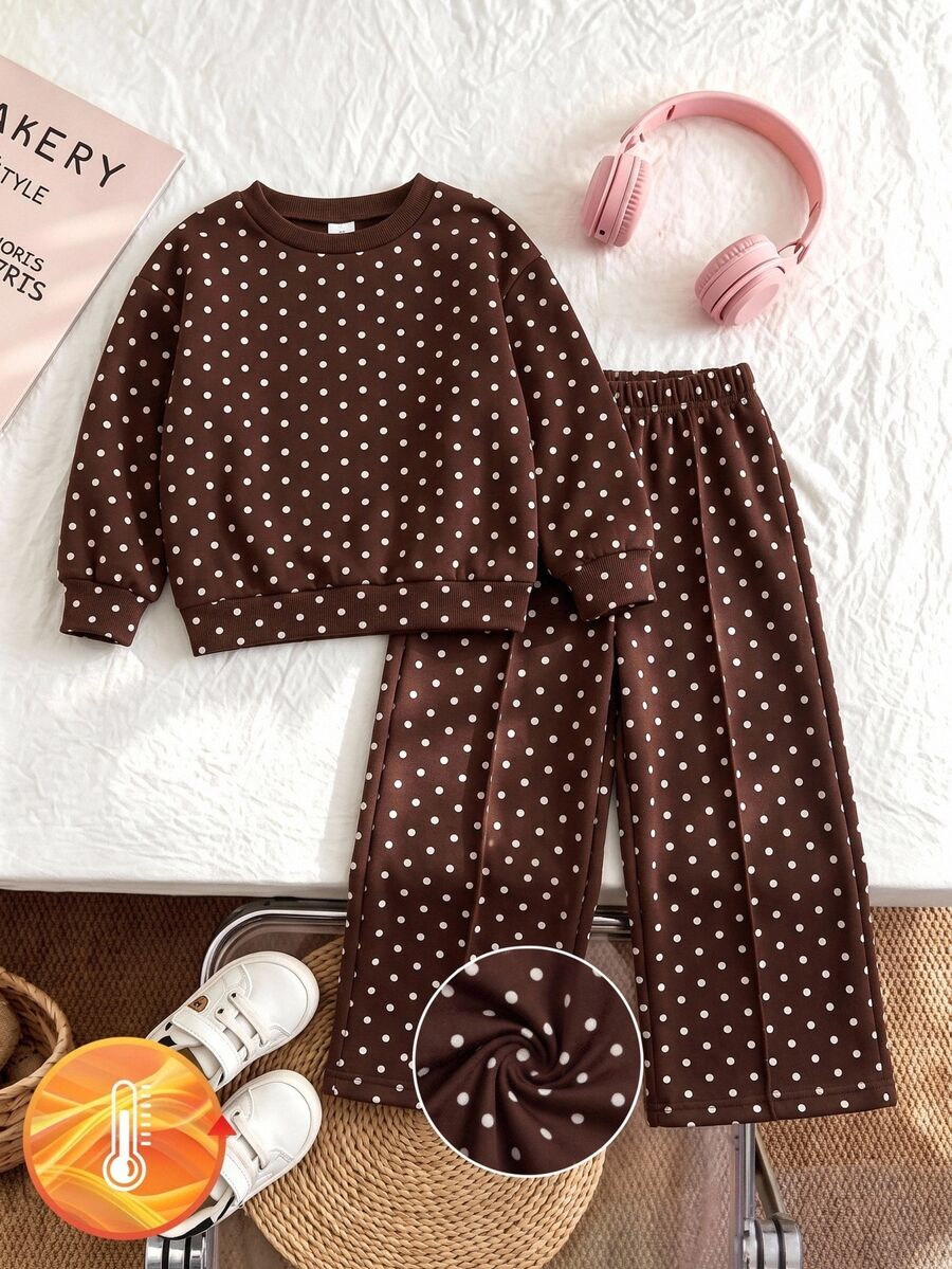 SHEIN 女童秋冬簡約圓點印花長袖長褲套裝 - 彩色 - 查看 1