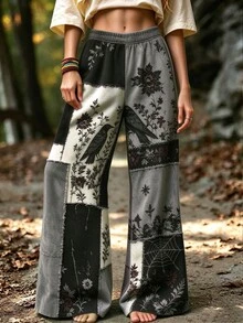 Selamara Women's Halloween High Waist Wide Leg Pants, Gothic Print Decadent Aesthetic Style Cargo Pants, Dark Academia Long Pants - Multicolor - View 1