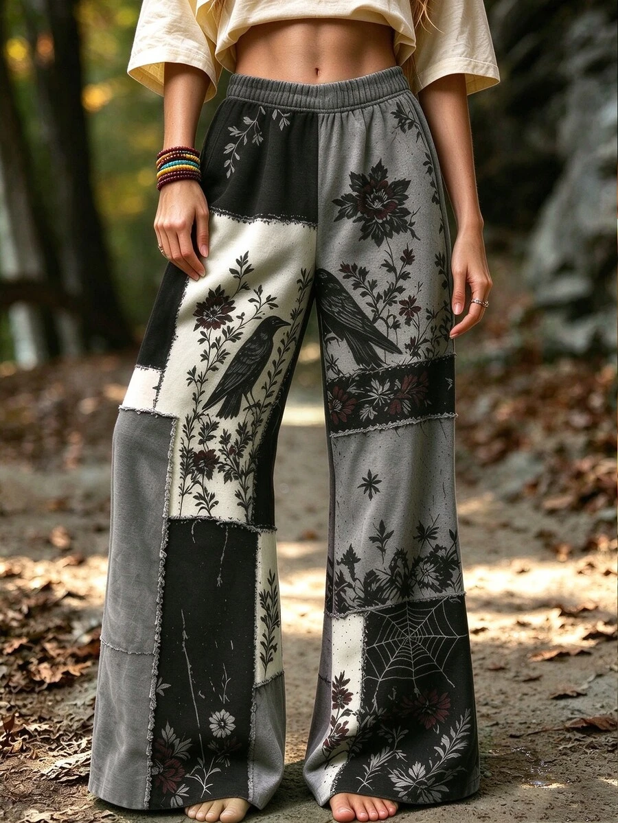 Selamara Women's Halloween High Waist Wide Leg Pants, Gothic Print Decadent Aesthetic Style Cargo Pants, Dark Academia Long Pants - Multicolor - View 1