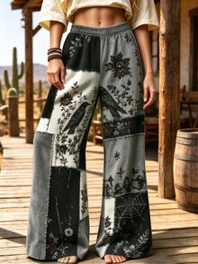 Selamara Women's Halloween High Waist Wide Leg Pants, Gothic Print Decadent Aesthetic Style Cargo Pants, Dark Academia Long Pants - Multicolor - View 3
