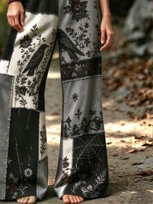 Selamara Women's Halloween High Waist Wide Leg Pants, Gothic Print Decadent Aesthetic Style Cargo Pants, Dark Academia Long Pants - Multicolor - View 5