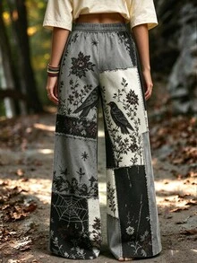 Selamara Women's Halloween High Waist Wide Leg Pants, Gothic Print Decadent Aesthetic Style Cargo Pants, Dark Academia Long Pants - Multicolor - View 2