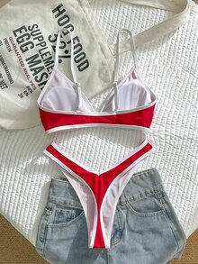 SHEIN Swim 2pcs/Set Women's Sexy High Cut Color Contrast Spaghetti Strap Bikini Swimwear Set, Summer - Red and White - View 3