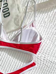 SHEIN Swim 2pcs/Set Women's Sexy High Cut Color Contrast Spaghetti Strap Bikini Swimwear Set, Summer - Red and White - View 6
