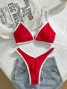 SHEIN Swim 2pcs/Set Women's Sexy High Cut Color Contrast Spaghetti Strap Bikini Swimwear Set, Summer - Red and White - View 2