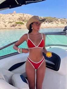 SHEIN Swim 2pcs/Set Women's Sexy High Cut Color Contrast Spaghetti Strap Bikini Swimwear Set, Summer - Red and White - View 1
