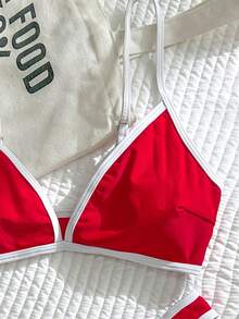SHEIN Swim 2pcs/Set Women's Sexy High Cut Color Contrast Spaghetti Strap Bikini Swimwear Set, Summer - Red and White - View 5