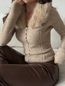 DAZY كنزة صوفية نسائية كاجوال متعددة الاستخدامات بلون كاكي، بياقة دائرية وتصميم محبوك بكابلات، فضفاضة مع أكتاف منسدلة وأكمام طويلة - كاكي - مشاهدة 3