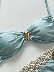 SHEIN Swim 2 Pieces Women Summer Vacation Metallic Solid Color Spaghetti Strap Halter Top And Thong Bikini Set - Cadet Blue - View 7