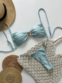 SHEIN Swim 2 Pieces Women Summer Vacation Metallic Solid Color Spaghetti Strap Halter Top And Thong Bikini Set - Cadet Blue - View 4