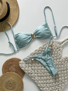 SHEIN Swim 2 Pieces Women Summer Vacation Metallic Solid Color Spaghetti Strap Halter Top And Thong Bikini Set - Cadet Blue - View 2