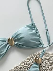 SHEIN Swim 2 Pieces Women Summer Vacation Metallic Solid Color Spaghetti Strap Halter Top And Thong Bikini Set - Cadet Blue - View 5