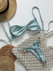 SHEIN Swim 2 Pieces Women Summer Vacation Metallic Solid Color Spaghetti Strap Halter Top And Thong Bikini Set - Cadet Blue - View 3