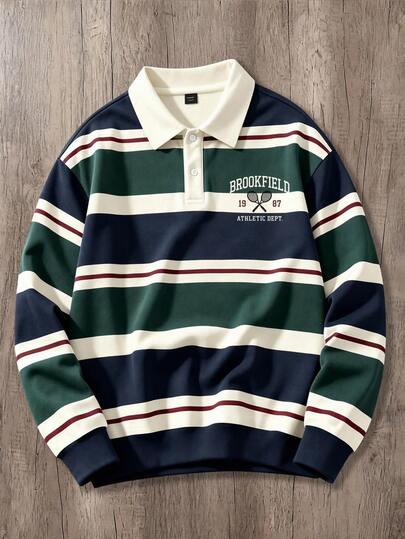 OldRiff Men Striped & Letter Graphic Polo Neck Sweatshirt