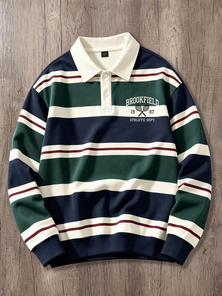 OldRiff 男士條紋與字母圖案 Polo 領運動衫 - 彩色 - 查看 1