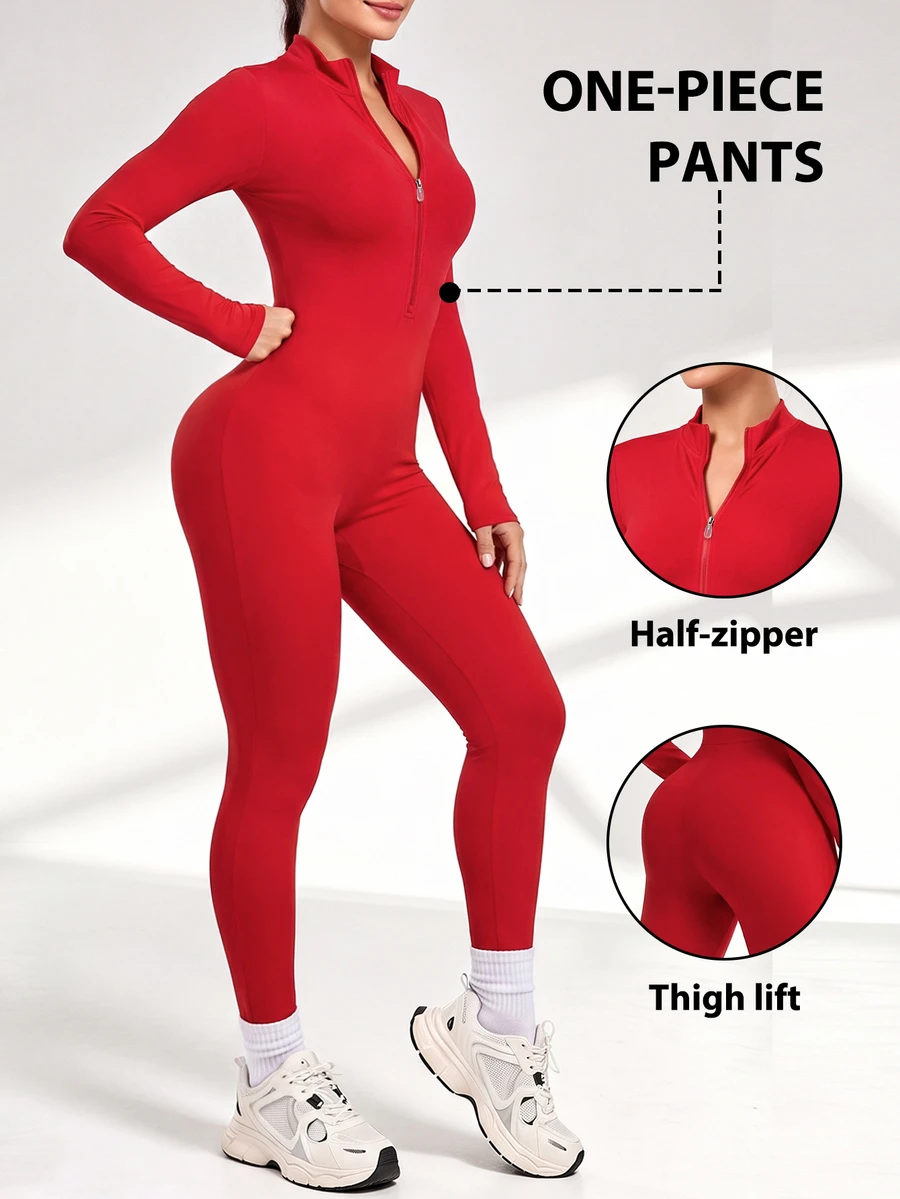 SHEIN Core Rhythm Women's Casual Zip-Up Half-Placket Long Sleeve Sports Jumpsuit - Red - View 1