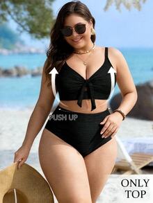 SHEIN Swim Basics 大尺碼女款夏季海灘度假派對純色前繫結比基尼上衣 黑色 性感熱帶風 - 黑色 - 查看 2