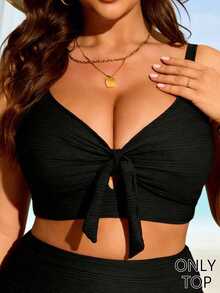 SHEIN Swim Basics 大尺碼女款夏季海灘度假派對純色前繫結比基尼上衣 黑色 性感熱帶風 - 黑色 - 查看 8