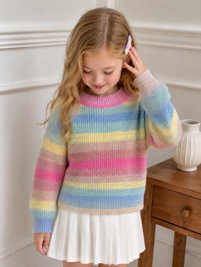 SHEIN New Fashion Versatile Cute Colorful Gradient Purple-Red Pullover Sweater For Girls, Suitable For School, Parties, Ceremonies, Outings, Spring/Summer And Autumn/Winter