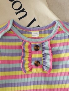 SHEIN 女嬰春夏甜美兩件套，彩色條紋荷葉邊長袖連身衣，搭配藍色3D蝴蝶結下擺褲，褲子飾有花朵、蝴蝶與蜜蜂圖案，時尚百搭，適合日常與外出穿著 - 彩色 - 查看 4