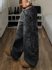 SHEIN Tall Tall Girl Exclusive Distressed Black Wash Straight Leg Jeans With Abstract Curved Print, Relaxed Drape Casual Streetwear Wide Leg Long Pants - Black - View 4