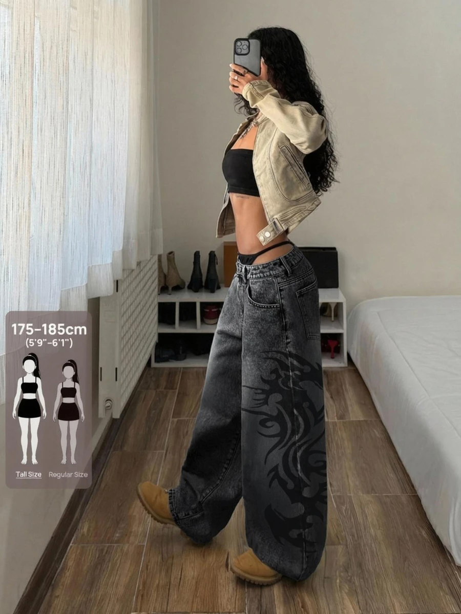 SHEIN Tall Tall Girl Exclusive Distressed Black Wash Straight Leg Jeans With Abstract Curved Print, Relaxed Drape Casual Streetwear Wide Leg Long Pants - Black - View 1