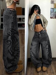 SHEIN Tall Tall Girl Exclusive Distressed Black Wash Straight Leg Jeans With Abstract Curved Print, Relaxed Drape Casual Streetwear Wide Leg Long Pants - Black - View 5