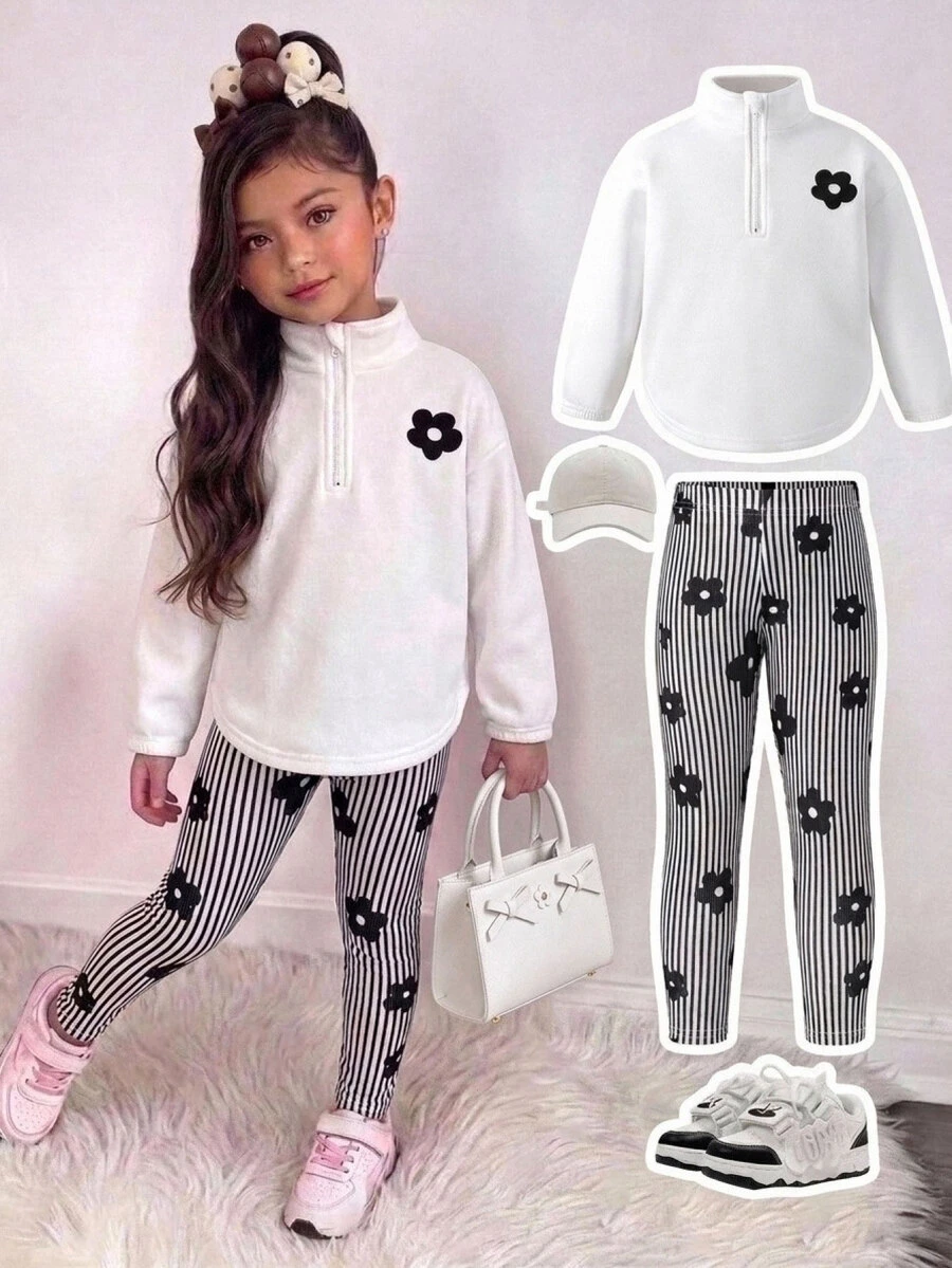 SHEIN Young Girl Floral Print Half-Zip Sweatshirt And Striped Leggings Casual Set - Multicolor - View 1