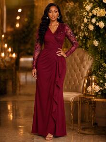 SHEIN Lady فستان نسائي أنيق فاخر مطرز بالترتر مع كشكشة مطوية وشريط، للعشاء، باللون البرغندي، لفصل الخريف - عنابي اللون - مشاهدة 4