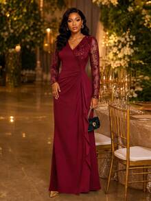 SHEIN Lady فستان نسائي أنيق فاخر مطرز بالترتر مع كشكشة مطوية وشريط، للعشاء، باللون البرغندي، لفصل الخريف - عنابي اللون - مشاهدة 5
