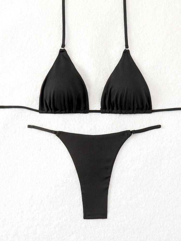 SHEIN Swim Women Summer Beach Solid Ruched Sexy Bikini Set For Vacation - Black - View 4