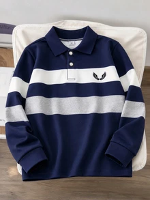 SHEIN 男童條紋撞色學院領針織休閒寬鬆復古美式長袖 Polo 衫，適合校園與日常穿著 - 杏色 - 查看 3