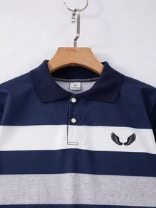 SHEIN 男童條紋撞色學院領針織休閒寬鬆復古美式長袖 Polo 衫，適合校園與日常穿著 - 杏色 - 查看 4