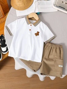 SHEIN 男童 2 件套休闲可爱百搭卡通熊 Polo 衫和卡其色短裤针织套装，适合学校、花园、海滩、生日、春季、夏季、秋季、冬季 - 彩色 - 查看 8