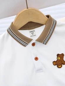 SHEIN 男童 2 件套休闲可爱百搭卡通熊 Polo 衫和卡其色短裤针织套装，适合学校、花园、海滩、生日、春季、夏季、秋季、冬季 - 彩色 - 查看 3