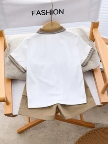 SHEIN 男童 2 件套休闲可爱百搭卡通熊 Polo 衫和卡其色短裤针织套装，适合学校、花园、海滩、生日、春季、夏季、秋季、冬季 - 彩色 - 查看 2